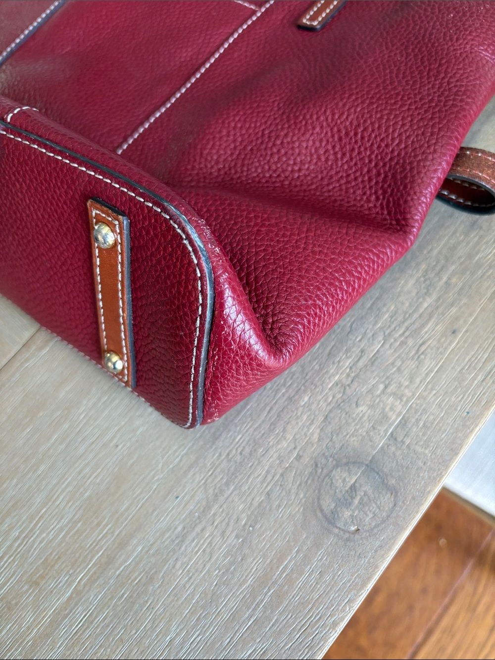 Dooney & Bourke Red Burgundy Pebbled Leather Tote with Brown Straps - Picture 3 of 5
